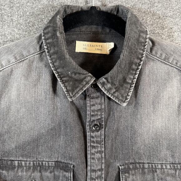 AllSaints Denim Shirt Mens XS Corduroy Collar Gray Flap Pockets Nice Fade - Picture 6 of 14